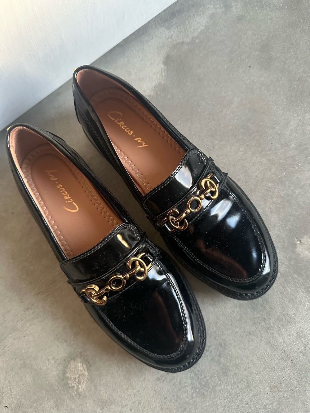 Circus by Sam Edelman Women's Black Patent Loafers with Gold Bit